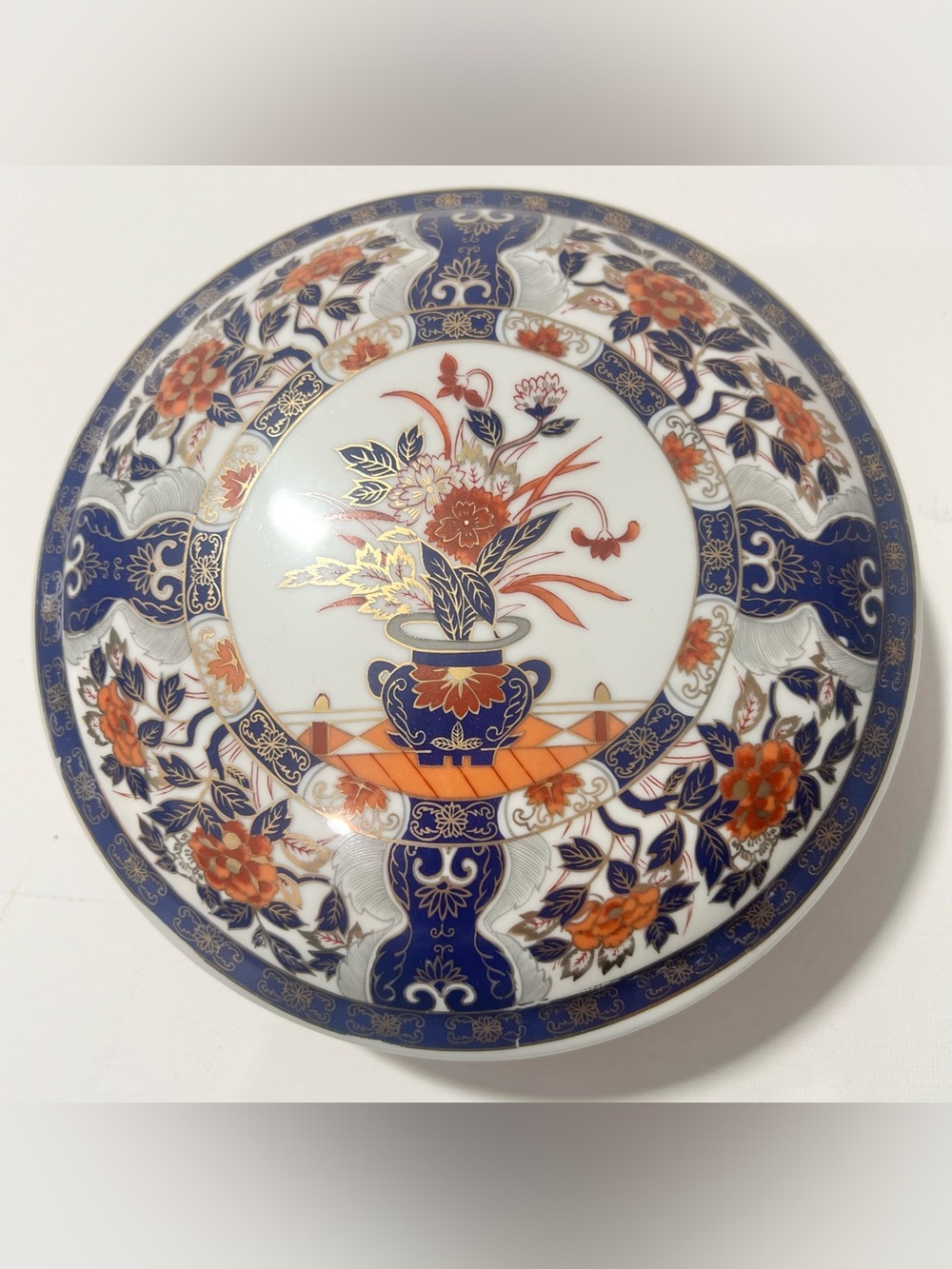 Japanese Iman Porcelain Lidded Trinket Box in Navy, Orange and Gold